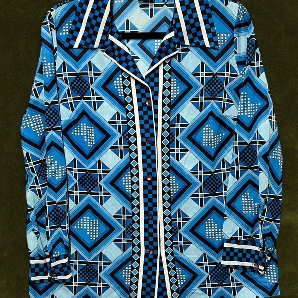TRUE VINTAGE VIBRANT 🌀1970s Pykettes Geometric Tile Print Blouse - Modern Large